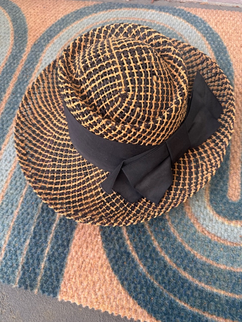 Woven Straw Fedora Hat with Black Bow - Black & Tan